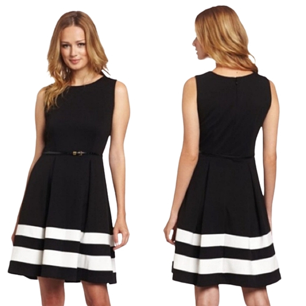 Calvin Klein Belted Black and White Fit and  Flare Dress